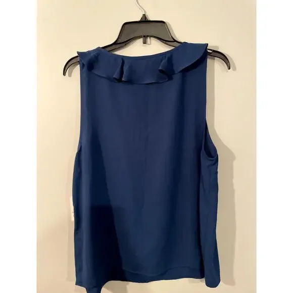NWT LC Lauren Conrad Solid Blue Ruffle Neckline Blouse - Size L - Picture 2 of 7
